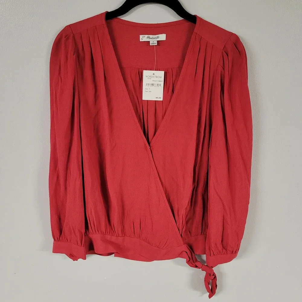 Madewell Women's Bright Ember Red Long Sleeve Wrap Blouse Top Size S NWT
